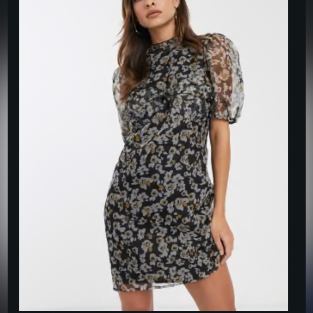 ASOS DESIGN floral organza mini dress with puff sleeves